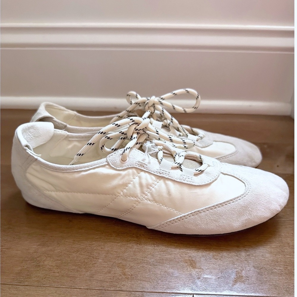 Zara Sporty Ballet Flats Sneaker Women 38 Cream Leather Nylon Lace Up Balletcore